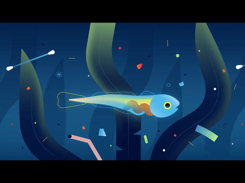 Animation showing plastic pollution statistics and ocean currents